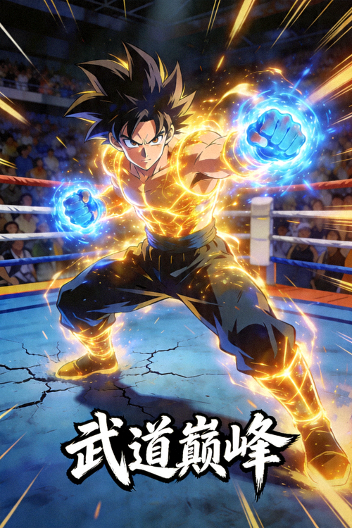 热血动漫《武道巅峰》关键帧，主角在擂台上释放必杀技